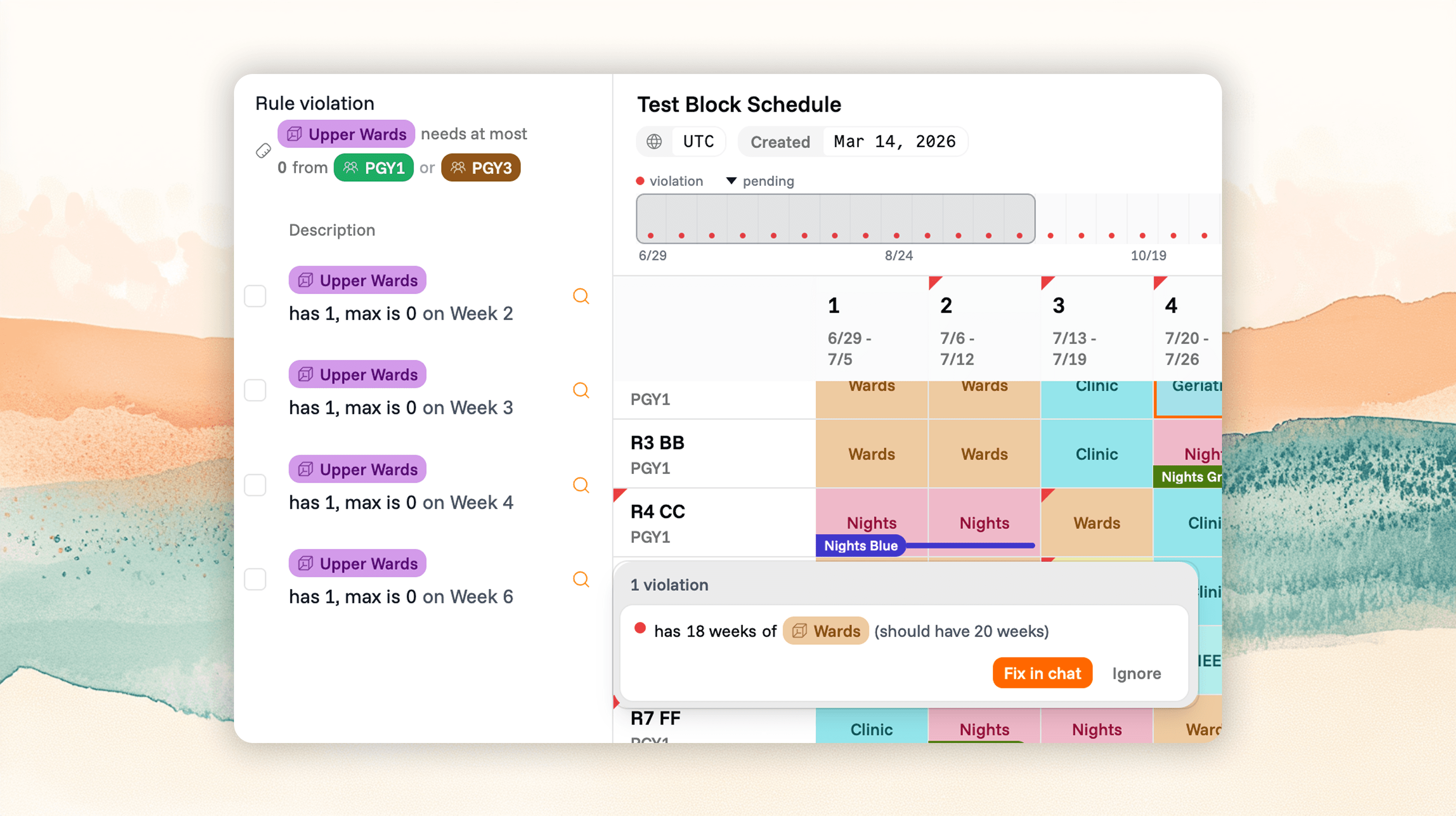 A schedule grid with a resident block being dragged, dependent constraints quietly highlighting in the margin.